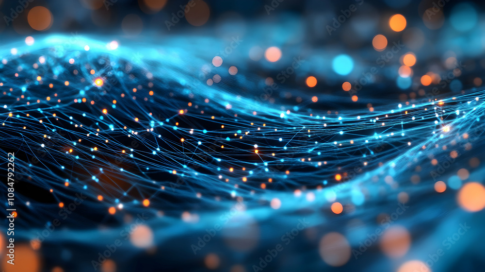 Poster abstract 3d digital network: glowing blue and orange nodes connected by lines, forming a wave-like p