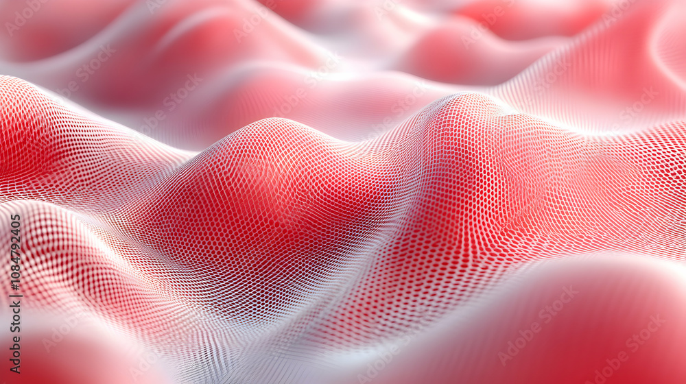 Poster abstract 3d red and white mesh background: wavy grid surface texture, digital illustration of networ