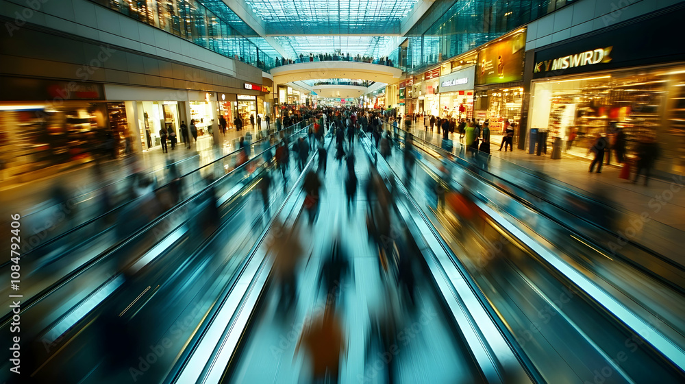 Poster abstract motion blur of shoppers moving on parallel escalators in a modern retail center