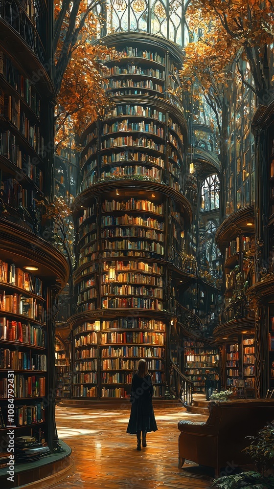 Poster enchanted library with towering bookshelves surrounded by autumnal foliage and soft light creating a