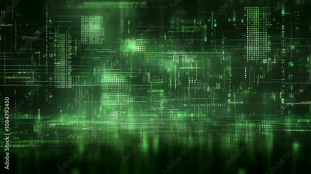 Poster abstract green digital data stream background, futuristic technology illustration with glowing code 