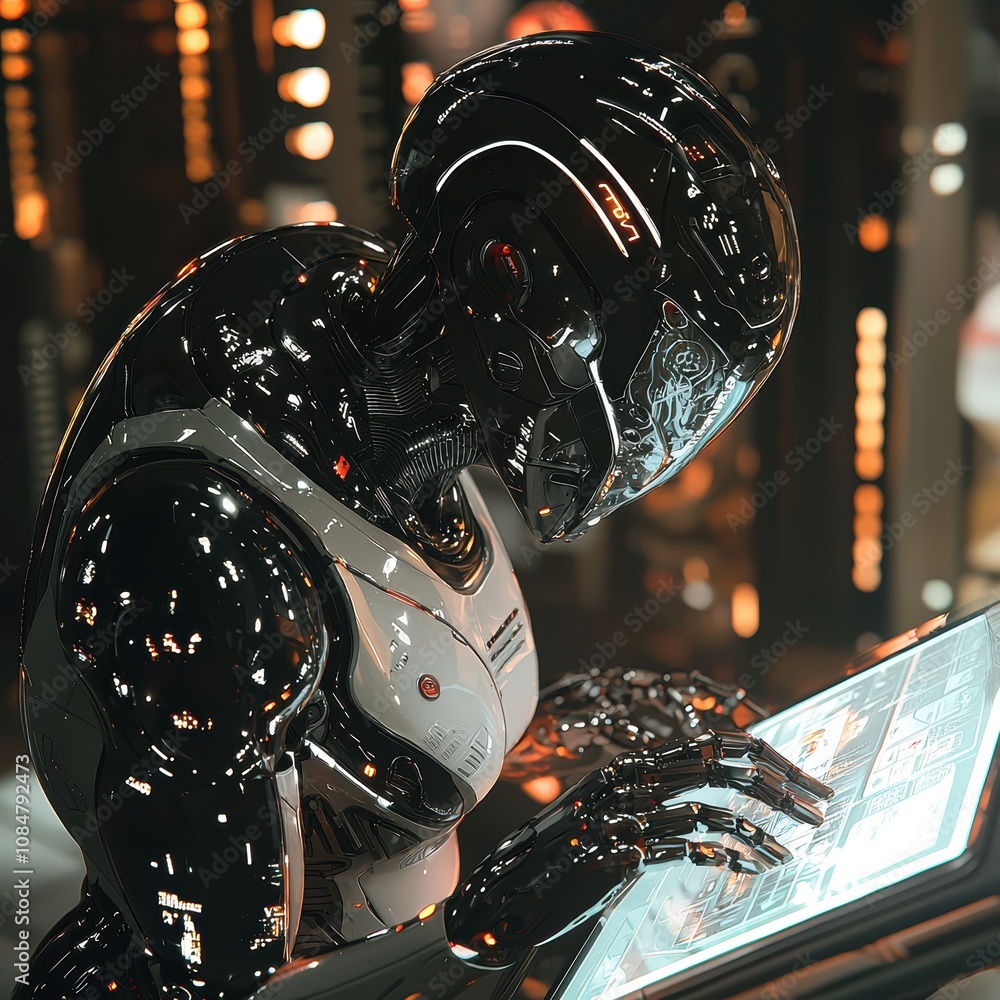 Poster futuristic humanoid robot interacting with advanced touchscreen technology in a high-tech environmen