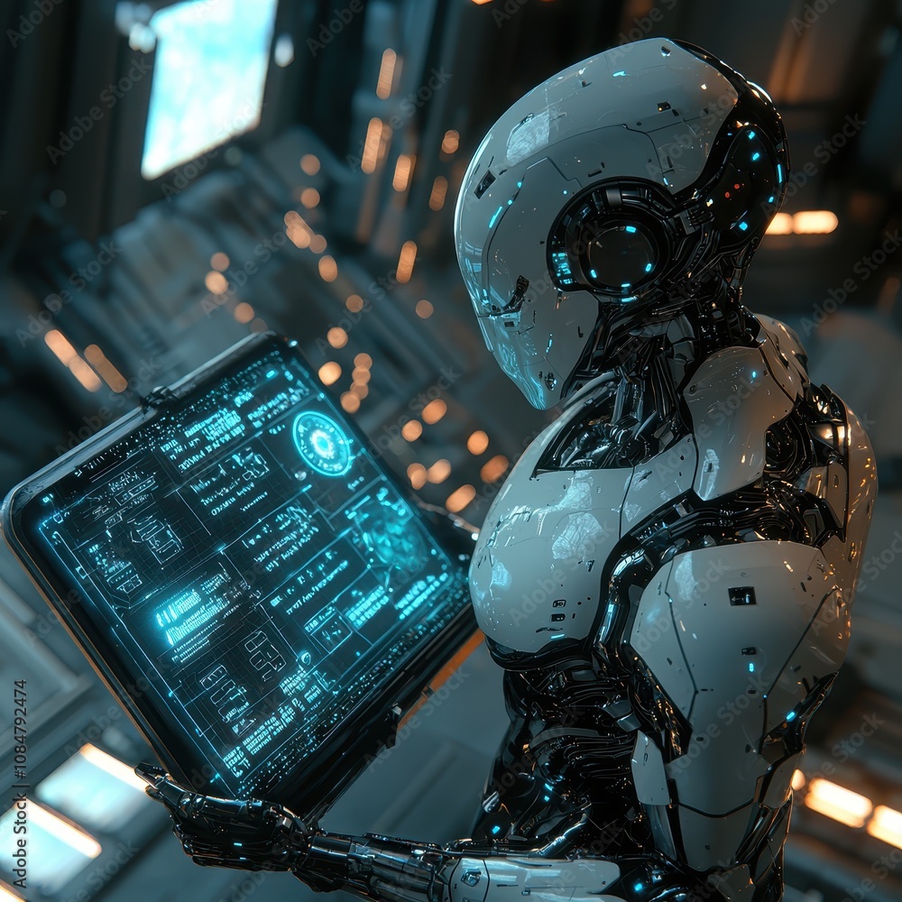 Aufkleber futuristic humanoid robot analyzing data on a high-tech device in a sci-fi environment with advanced