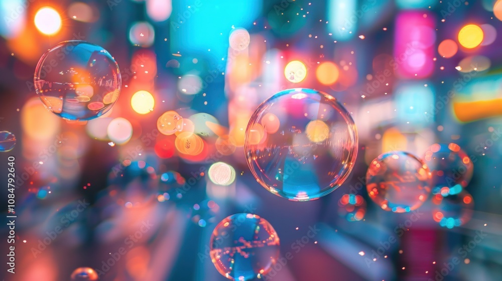 Poster a collection of soap bubbles float in front of a blurry background of city lights.