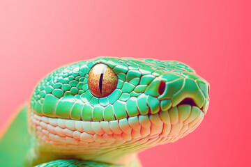 Fototapeta premium A close-up of a vibrant green snake against a pink background, highlighting its scales and eye.