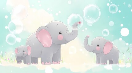 A playful scene with three cute elephants surrounded by bubbles and a soft, colorful background.
