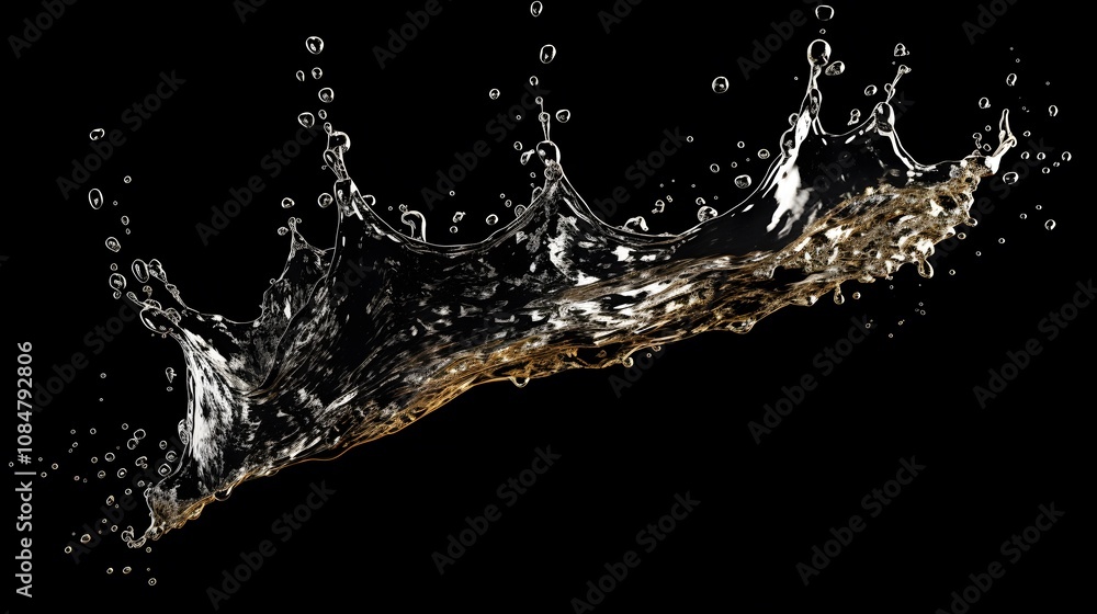 Poster a dynamic splash of liquid, creating a crown-like shape against a dark background.