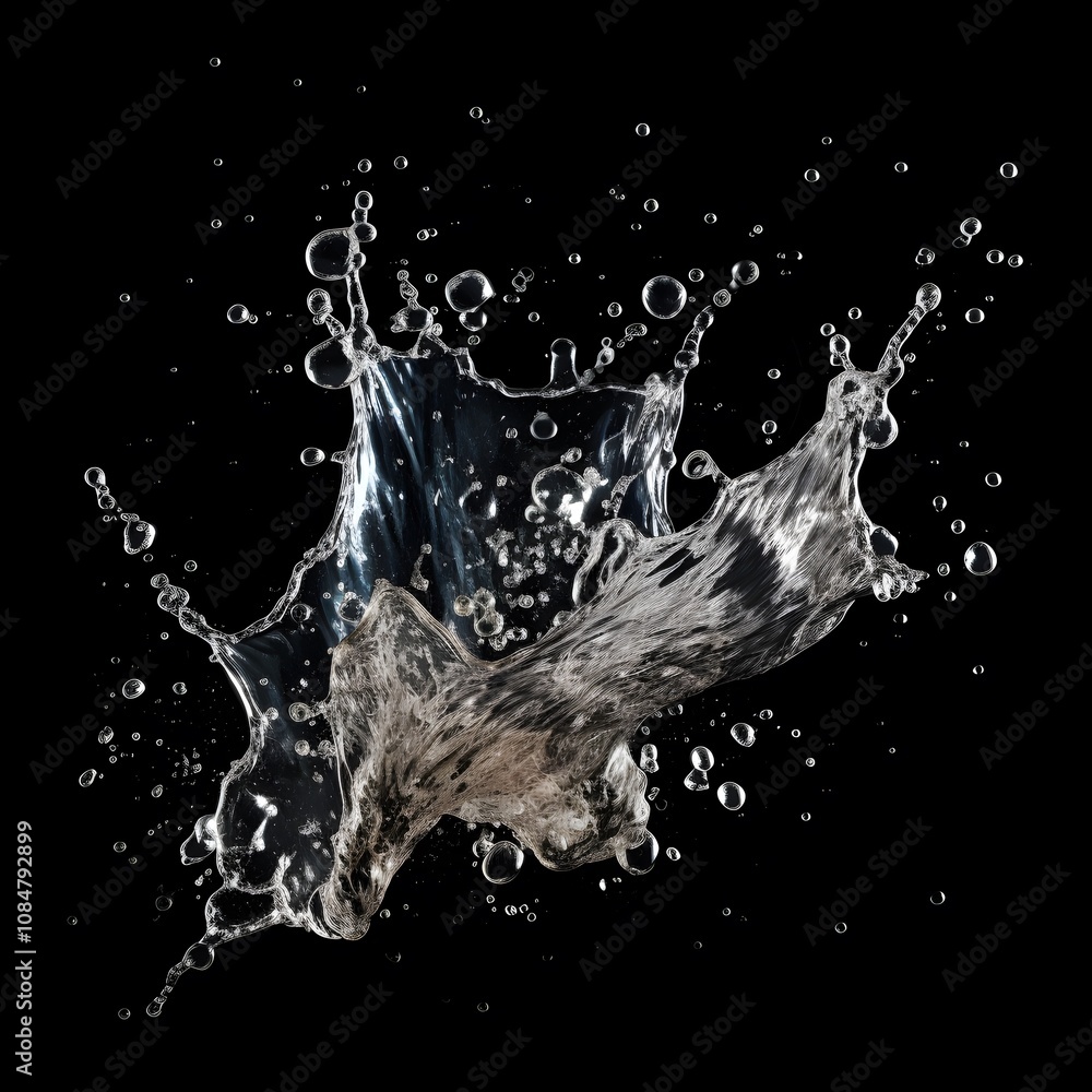 Poster a dynamic splash of water with bubbles, showcasing fluid motion and texture.