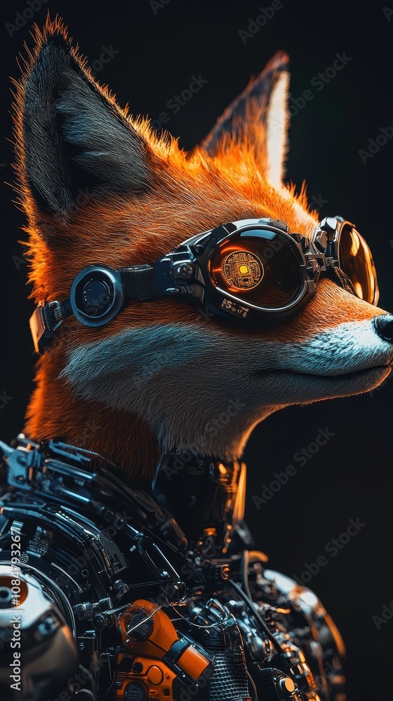 Poster futuristic robot fox with high-tech goggles, blending nature and technology in a visually striking p