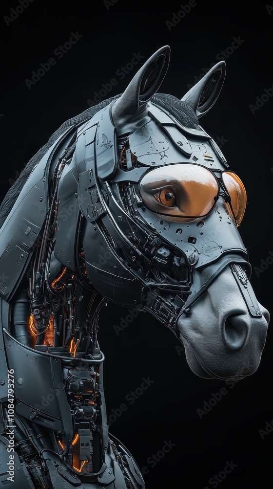 Poster futuristic mechanical horse with sleek design and advanced technology features, displaying a unique 