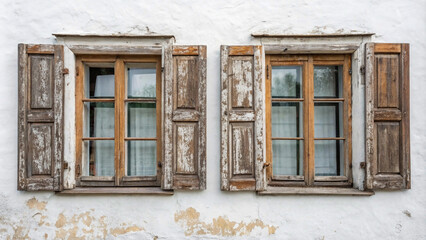 Fototapeta premium Symmetrical Set of Vintage Wooden Windows with Rustic Peeling Paint on a Clean White Background