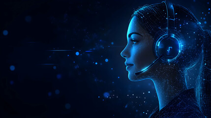Digital Woman with Headset: Abstract 3D Illustration of AI Customer Service Agent, Glowing in Blue Neon Lights against a Dark Background