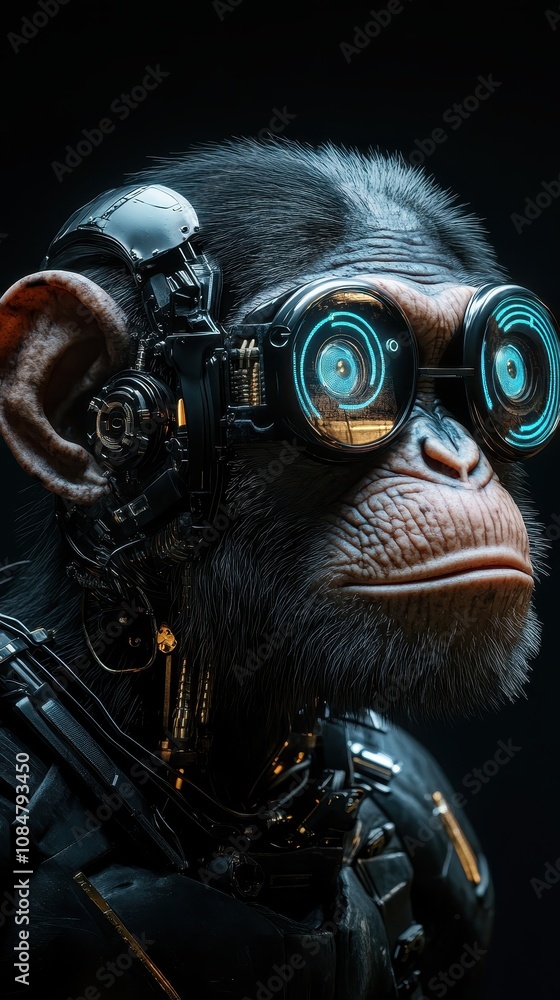 Poster futuristic cybernetically enhanced ape with high-tech goggles in a dark environment, blending nature