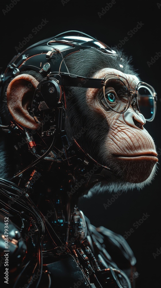 Poster Realistic Cybernetic Ape with Advanced Technology and Subtle Expressions Showcasing the Fusion of Nature and Machine in a High-Tech Environment