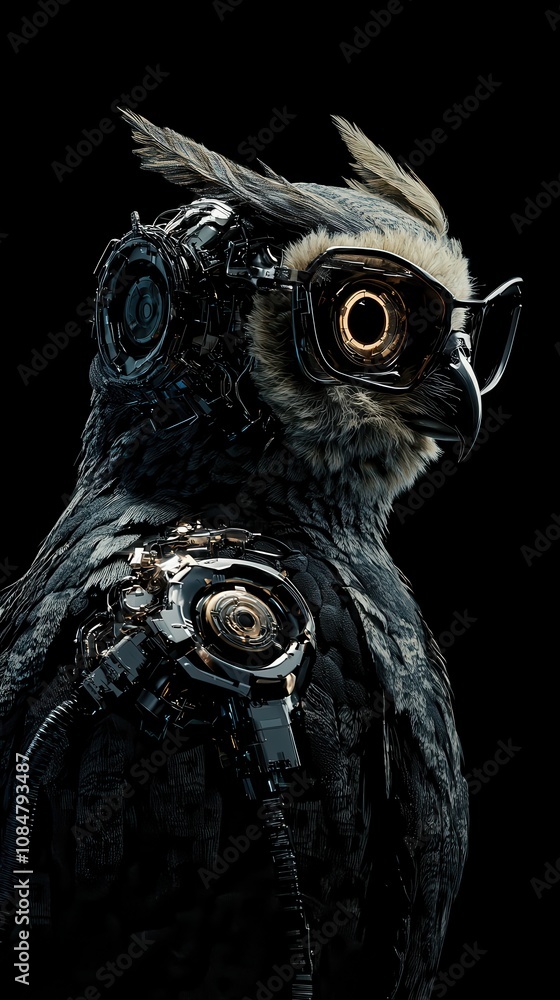 Poster futuristic cybernetic owl with high-tech features, incorporating advanced robotics and sleek visual 