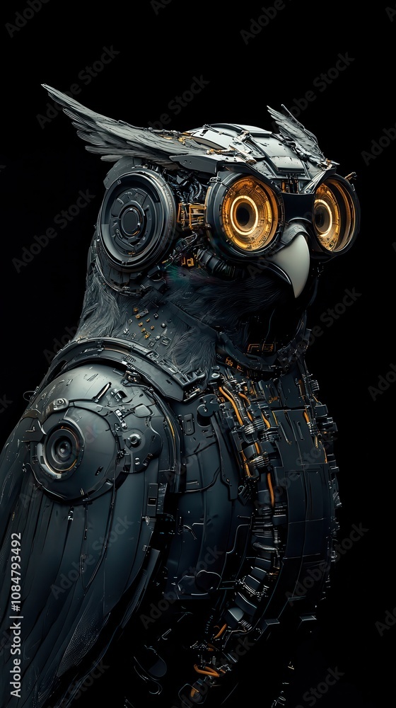 Poster futuristic mechanical owl with intricate details and high-tech features set against a black backgrou