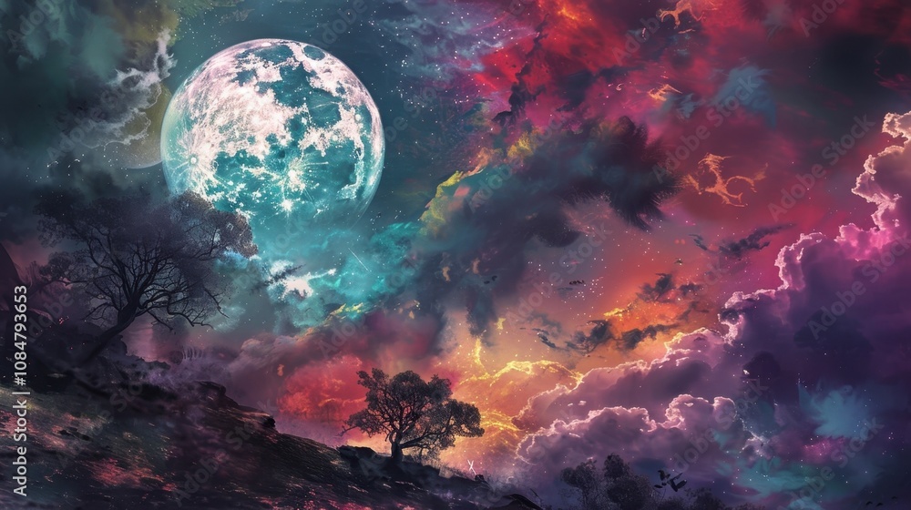 Poster a full moon shining down upon the scene intensifying the vibrant colors and giving an ethereal glow 