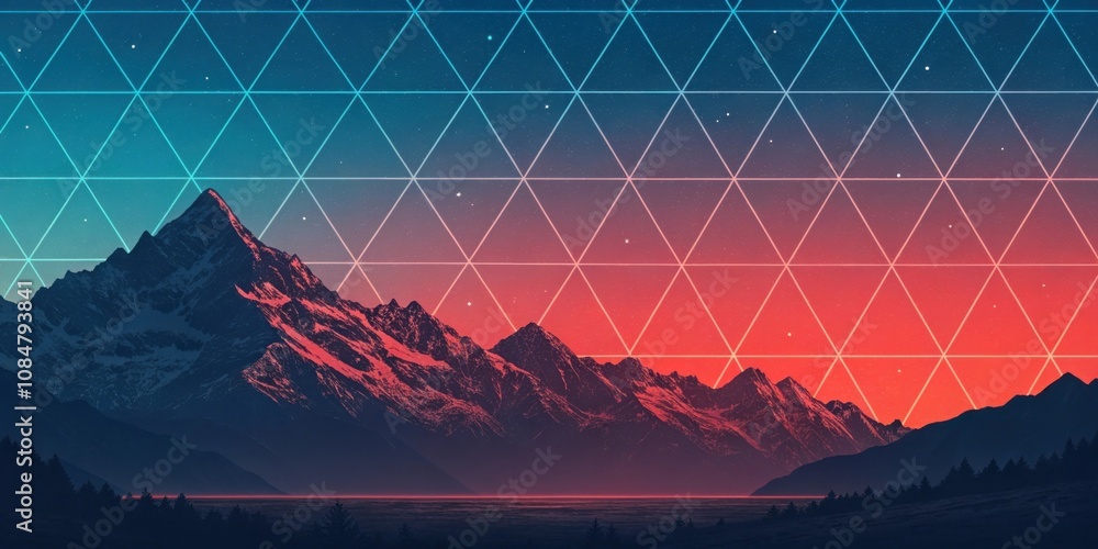 Poster a smooth gradient from icy blue to fiery red overlaid with geometric diamonds and sharp angular shap