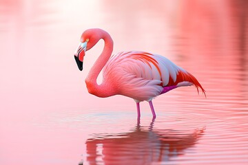 Fototapeta premium A pink flamingo stands gracefully in calm water at sunset.