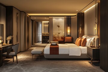 Fototapeta premium Modern Luxury Hotel Room with Elegant Interior Design Featuring Plush Bedding, Contemporary Furniture, Ambient Lighting, and Cozy Atmosphere for Relaxation and Comfort