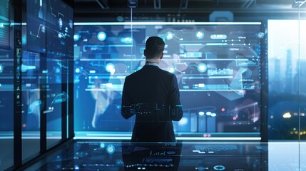 A business executive conducting a virtual board meeting with international colleagues, Virtual meeting scene, Corporate style