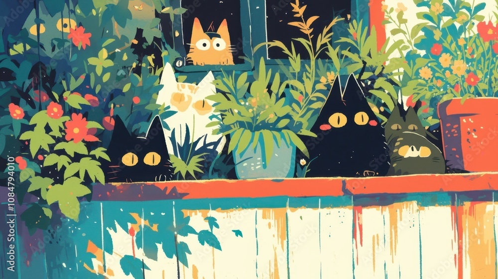 Poster mysterious creatures peeking out from behind bushes and planters adding a playful and mischievous en
