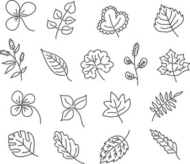 leaves and plants drawn with black pen on white transparent background set