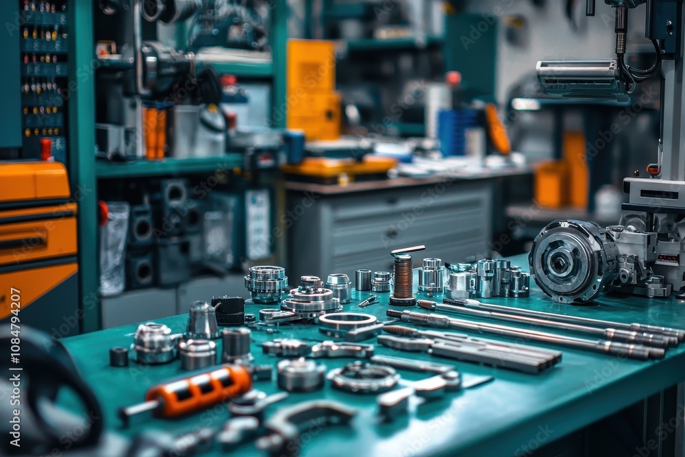 Poster workshop table displaying various precision tools and components in a well-organized mechanical engi
