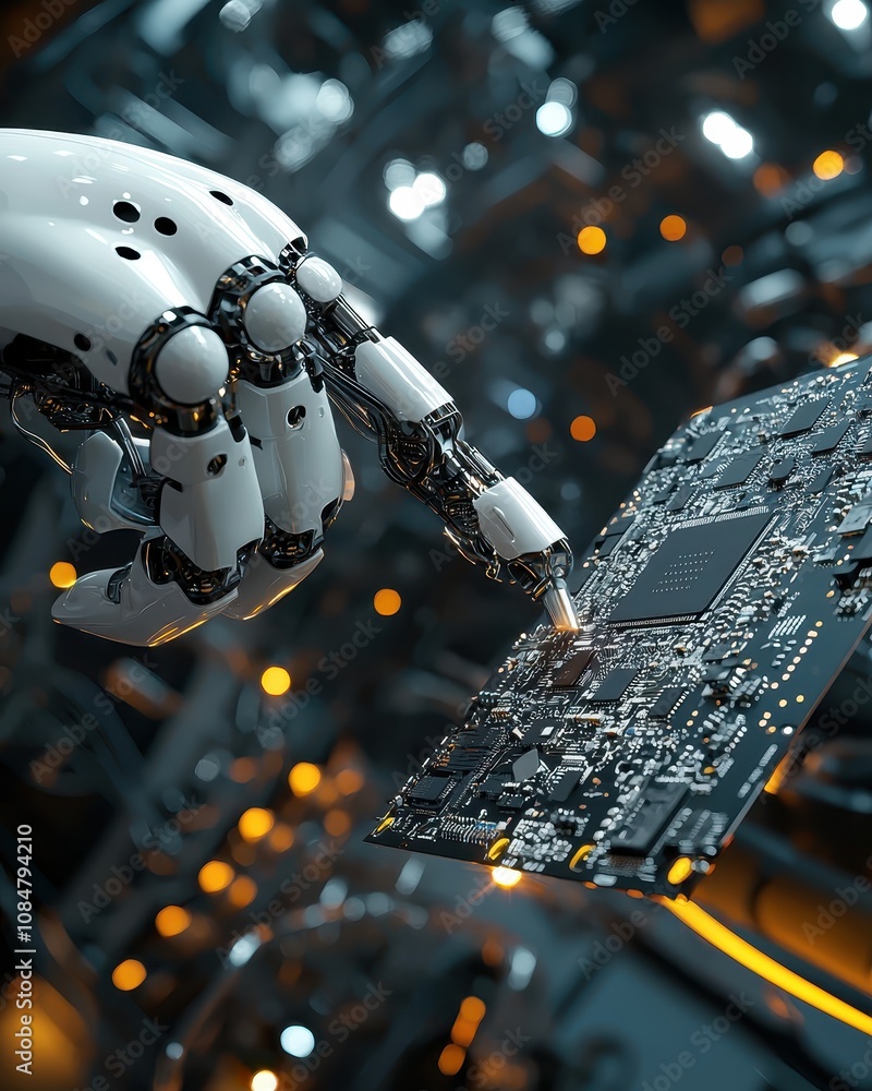 Poster futuristic robot hand interacting with circuit board in high-tech environment, showcasing advanced t