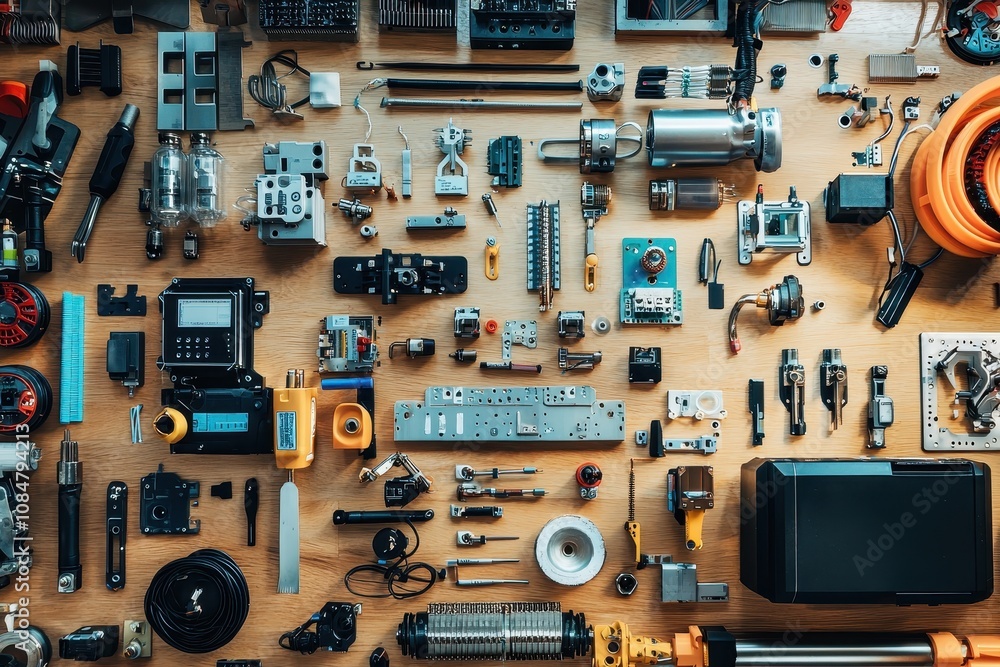 Poster various mechanical components and tools spread across a workspace table, showcasing a diverse range 
