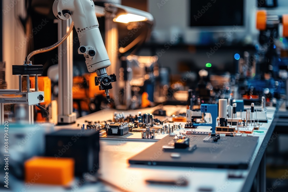 Poster advanced robotic arm assembling electronic components in a high-tech laboratory setting with precisi