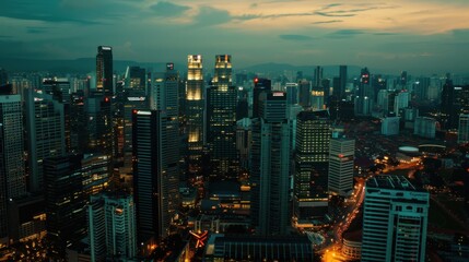 Obraz premium A bustling cityscape at dusk, with skyscrapers illuminated against a twilight sky, Urban lifestyle scene