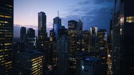 Obraz premium A bustling cityscape at dusk, with skyscrapers illuminated against a twilight sky, Urban lifestyle scene