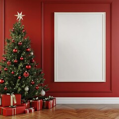 Christmas Poster Frame Mockup on Festive Shelf,
