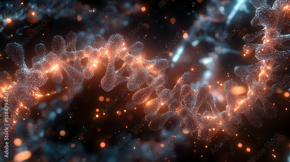 Poster 3d render of glowing dna strand, abstract background with particle effects