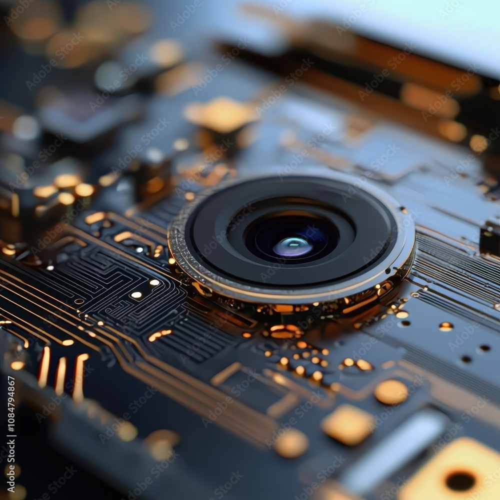 Poster close-up view of a camera lens on a circuit board with a blend of metallic colors and intricate deta