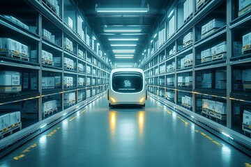 Obraz premium Automated vehicle in a modern warehouse with organized shelving.