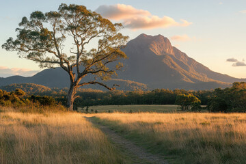 Obraz premium A serene landscape featuring a large tree and a mountain at sunset.