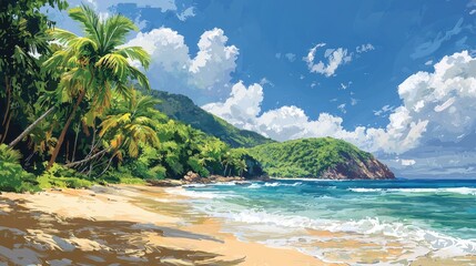Tropical beach with palm trees and blue sky.