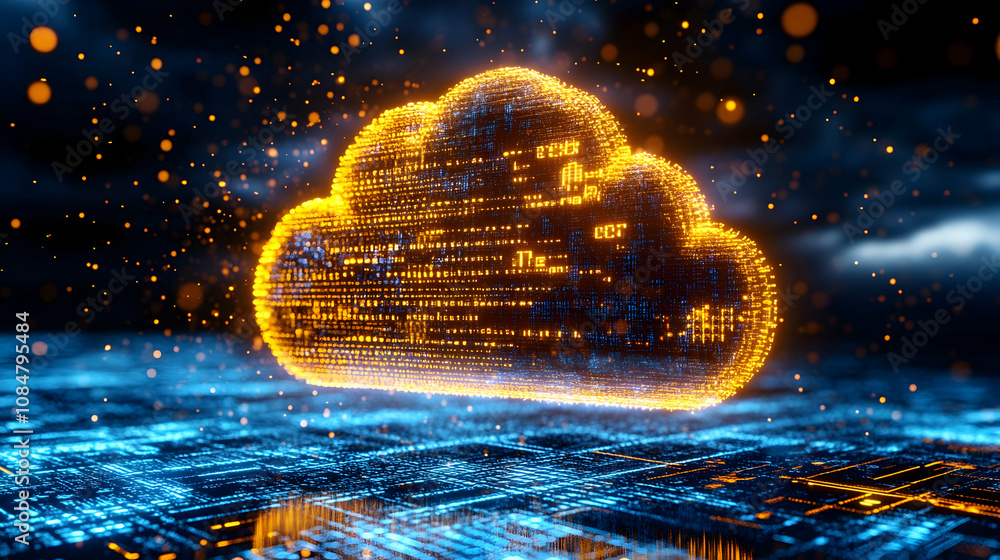 Poster 3d digital cloud abstract background: glowing particles form a cloud shape over circuitry