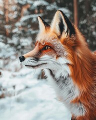 Obraz premium Majestic Red Fox in Snowy Forest Setting with Detailed Fur and Striking Eyes Captured in Natural Light, Showcasing Wildlife in Winter Wonderland