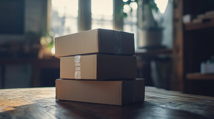 Stacked cardboard boxes on a wooden table in a cozy room with natural light