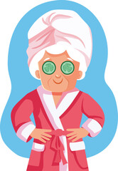 Elderly Senior Woman with Beauty Treatment Vector Cartoon Illustration. Cheerful granny applying cosmetic rejuvenating mask 
