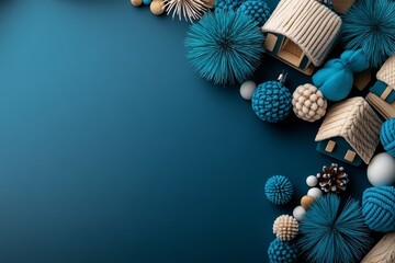 A cozy winter village with bright teal and blue fireworks under a clear sky that fades from light blue to dark navy