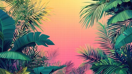 Tropical foliage frame with pink and yellow gradient background.