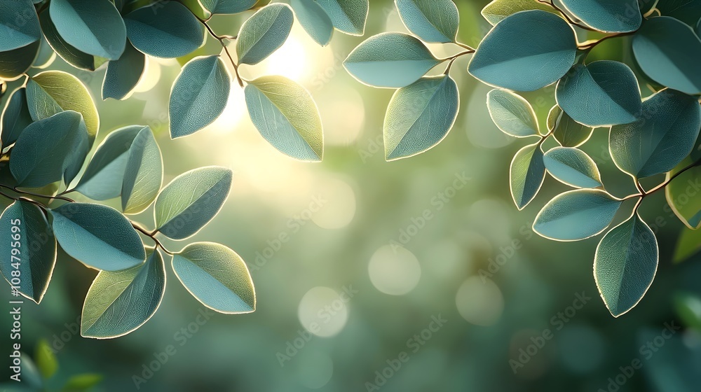 Poster a serene close-up of lush green leaves illuminated by soft sunlight, creating a tranquil and refresh