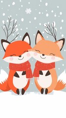 Cute cartoon foxes with scarves in a snowy background, conveying warmth and friendship.