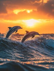 Obraz premium Majestic Dolphins Leaping Through Vibrant Ocean Waves Against a Breathtaking Sunset Skyline, Capturing the Essence of Wildlife in Motion