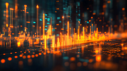 Fototapeta premium Abstract 3D Digital Background: Glowing Orange Data Charts Ascending Dynamically in a Futuristic Cyberspace