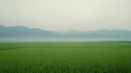 Fototapeta premium Lush Green Rice Field Under Misty Mountains with Soft Light and Tranquil Atmosphere Offering a Serene Landscape for Nature Lovers and Photographers